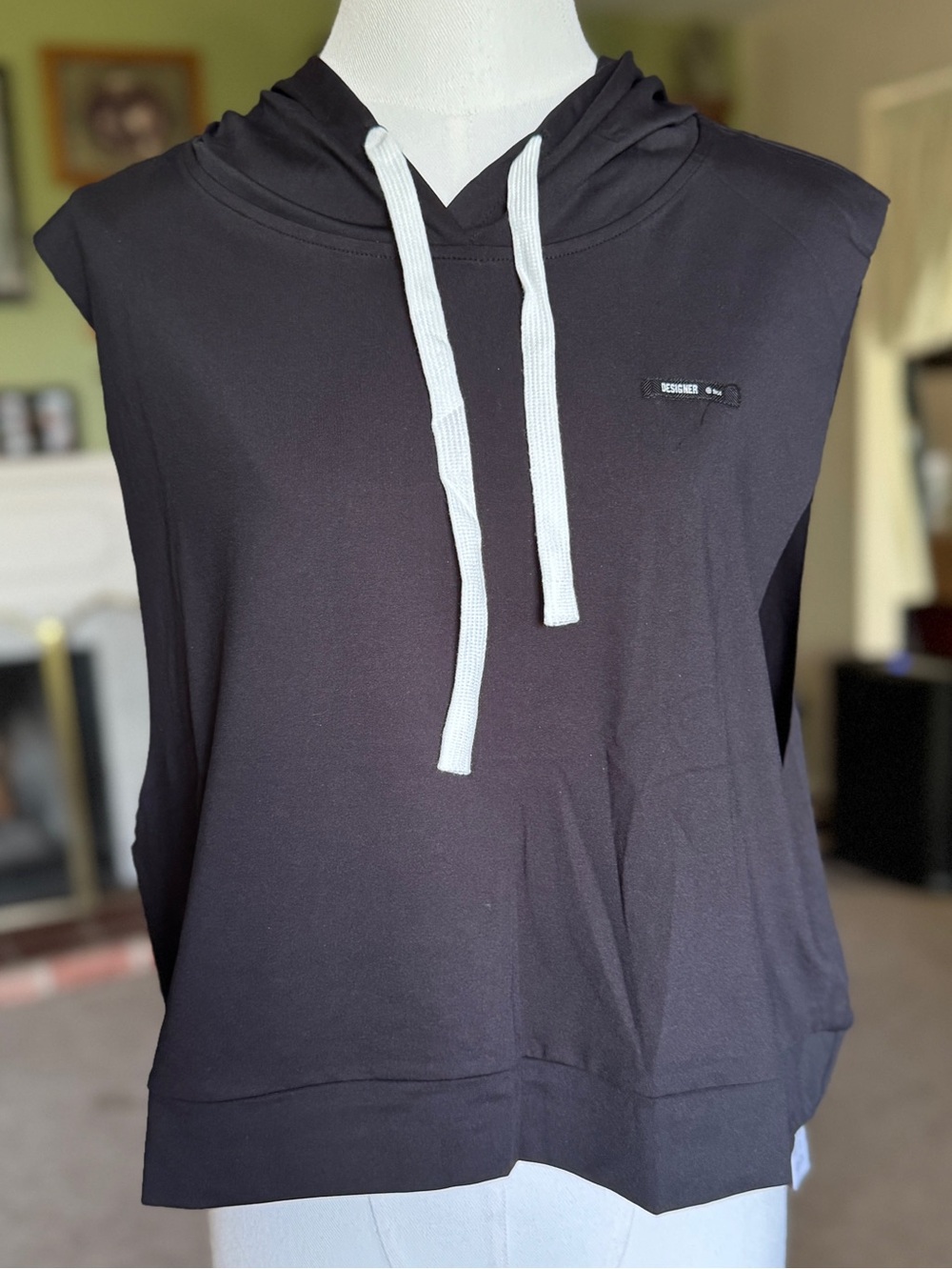 New XL Sleeveless Black Hoodie with White Drawstrings
